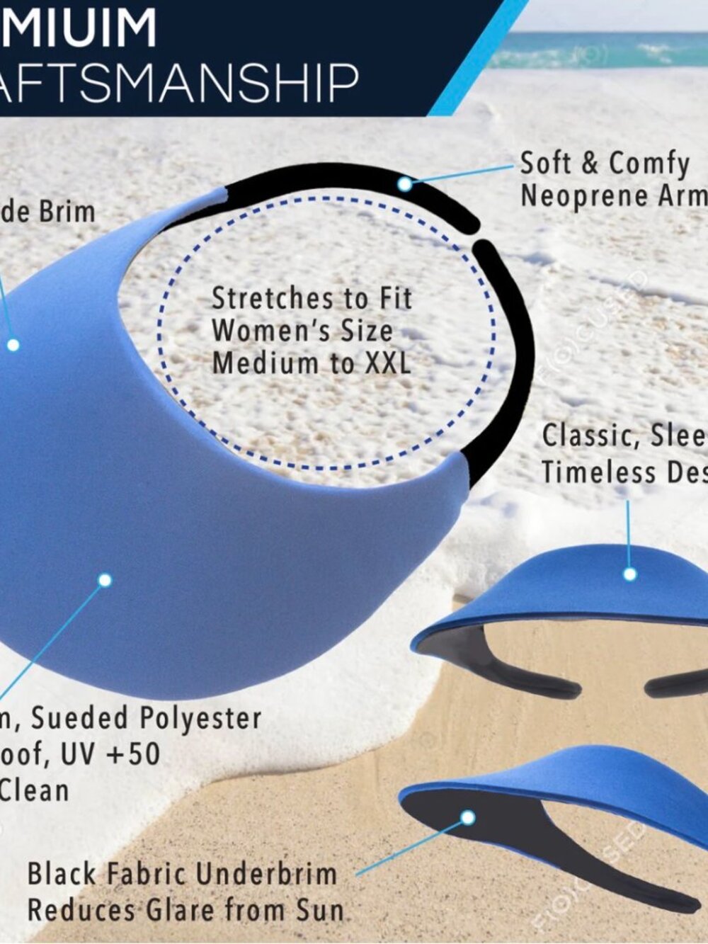 Sun Visors: No Headache Original Round Brim Black & Turquoise Blue - UPF 50 - Picture 9 of 12